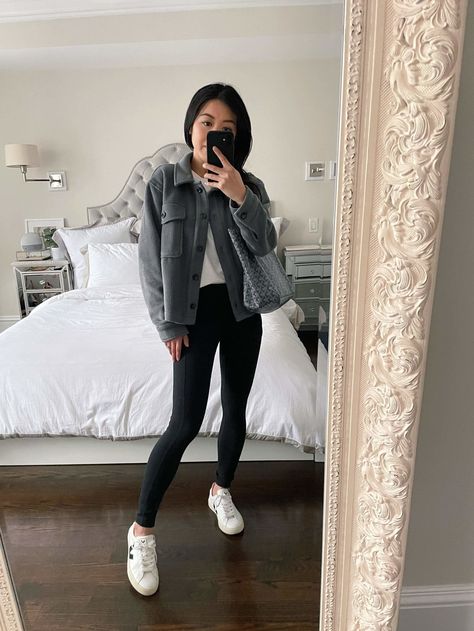 athleisure outfit with veja sneakers + leggings // cropped shacket for petites Ep Outfits, Shacket Outfit Women, Shirt Jacket Outfit, Birkenstock Boston Outfit, Chic Athleisure Outfits, Cropped Shacket, Boston Outfits, Shacket Outfit, Athleisure Outfit