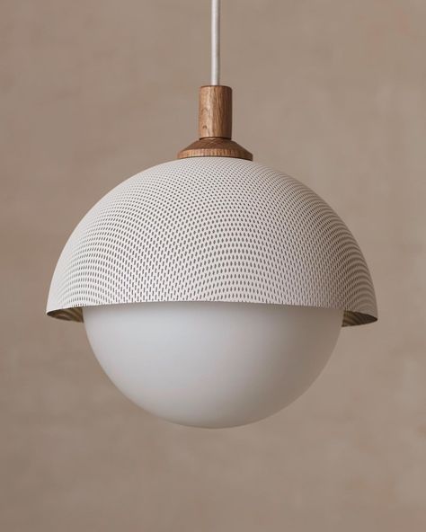 Nice finish spec on our Perforated Dome Pendant 10” — Matte White Dome with Brass Interior, Matte White Glass, White Oak Top, White Fabric… Celebrity Kitchens, Brass Interior, Modern Lighting Design, Mid Century Modern Kitchen, Deco Luminaire, Luminaire Design, Lighting Inspiration, Room Lights, Light Fittings