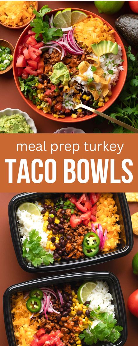 turkey taco bowls with toppings and meal prep containers Mexican Taco Bowl, Chicken Taco Bowl Meal Prep, Meal Prep Chicken Taco Bowls, Taco Loaded Potato Bowl, Healthy Taco Bowls Ground Turkey, Turkey Taco Meal Prep Bowls, Ground Turkey Taco Bowl, Low Carb Turkey Taco Bowl, Taco Bowl Meal Prep