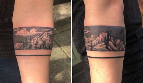 Shifting Landscapes In An Armband Rogue Tattoo, Melbourne Tattoo, City Tattoo, Leo Tattoos, Landscape Tattoo, Armband Tattoo, Arm Band Tattoo, Traditional Frames, Maori Tattoo