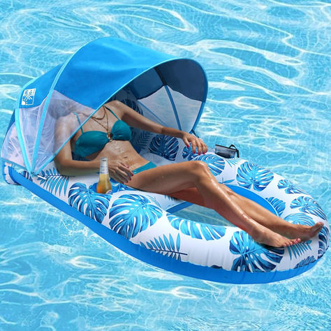 COOLCOOLDEE Pool Lounge Float with Canopy UPF50+,Extra Large Pool Floats for Adults Heavy Duty,Inflatable Lounger Float with Cup Holder & Backrest,Footrest Large Pool Floats, Relaxing Lounge, Pool Floats For Adults, Water Hammock, Sport Pool, Pool Rafts, Inflatable Lounger, Large Pool, Hot Tubs Saunas