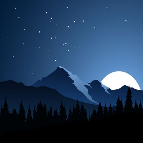 Night Sky Mountains Painting, Night Mountain Illustration, Mountain Painting Night, Night Landscape Illustration, Backdrop Sky, Starry Night Landscape, Mountain Night, Lukisan Lanskap, Mountains At Night