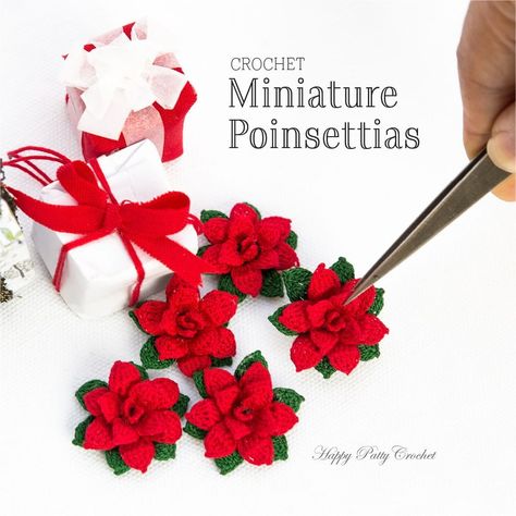 Crochet Mini Poinsettia Free Pattern, Crochet Miniature Christmas Ornaments, Micro Crochet Flower Pattern, Tiny Crochet Plant Pattern, Micro Crochet Rose Pattern, Christmas Crochet Pattern, Cozy Crochet Patterns, Fancy Earrings, Holiday Crochet