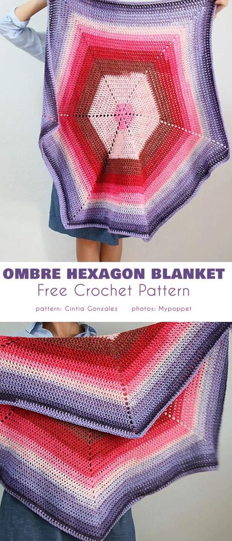 Ombre Hexagon Blanket Free Crochet Pattern Crochet Patterns Blanket, Crochet Hexagon Blanket, Hexagon Blanket, Hexagon Crochet Pattern, Crochet Mittens Free Pattern, Ideas For Crochet, Crochet Afghan Patterns Free, Crocheted Blanket, Crochet Mandala Pattern