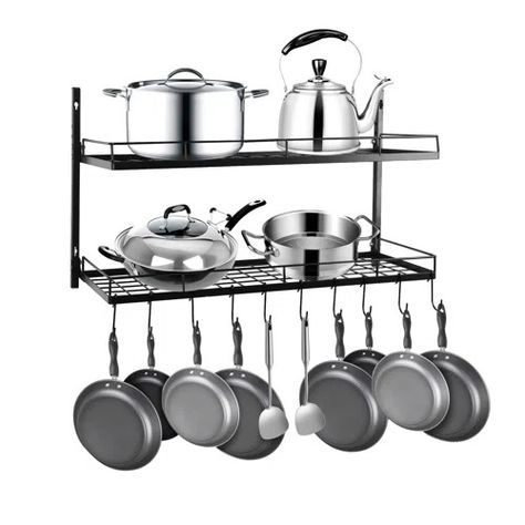 Kitchen Pon Ad Pan Hanging Wall Rack | Wayfair Pan Hanger, Hanging Pot Rack, Cookware Storage, Pot And Pans Organization, Shelf Hooks, Pan Organization, Pot Rack Hanging, Pan Rack, Perfectly Organized