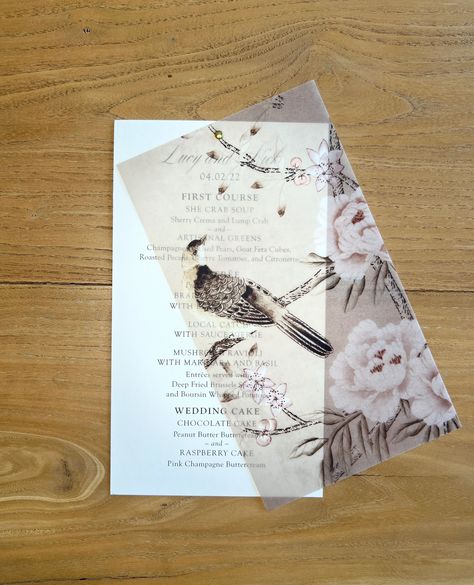 A vellum overlay can be used to add more depth and design to every element of your wedding day, especially for personal menus!
.
.
.
#weddingdesign #weddingtable #chs #studiordesign #charlestonwedding #charlestonbride #lowcountrywedding #stationery #weddinginvitations #graphicdesigners #southernwedding #weddingideas #southerncharm #dreamwedding #brides #weddingfood #weddingmenu #customstationery Vellum Overlay, She Crab Soup, Charleston Bride, Crab Soup, Lowcountry Wedding, Chocolate Wedding Cake, Raspberry Cake, Custom Stationery, Charleston Wedding