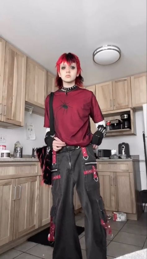 Red And Black Alt Outfits Masc, 90s Mall Goth Outfit, Mall Goth Masc, Red And Black Mall Goth, Goth Pants Outfit, Red Goth Outfits, Mall Goth Outfits, Enby Outfits, Alt Clothes