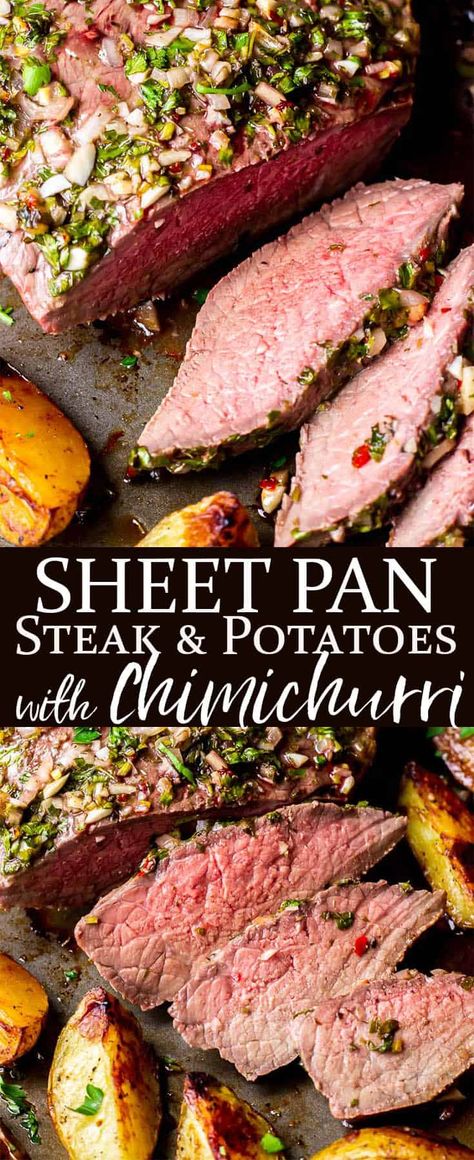 Sheet Pan Steak and Potatoes with Chimichurri Sauce is an incredibly flavorful, yet surprisingly simple, dinner recipe that the whole family will love! This recipe can all be made on just one pan. You can add vegetables to make it a complete meal or swap out the potatoes for cauliflower to make it keto and low carb friendly. | #sheetpanmeal #sheetpandinner #sheetpansteak #steakandpotatoes #chimichurri #chimichurrisauce #chimichurristeak Sheet Pan Steak And Potatoes, Sheet Pan Steak, Steak And Potatoes, Pan Steak, Simple Dinner, Chimichurri Sauce, Pan Recipes, Sheet Pan Dinners, Best Dinner Recipes