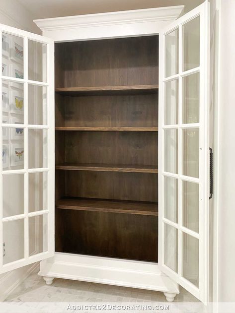 DIY: How To Build A Storage Cabinet With French Doors (Part 1 - The Basic Build) - Addicted 2 Decorating® Build A Storage Cabinet, Diy Glass Cabinet Doors, Diy Storage Cabinet, Diy French Doors, Small Space Living Hacks, Stock Kitchen Cabinets, Hot Tub Room, Water Based Wood Stain, Pine Shelves