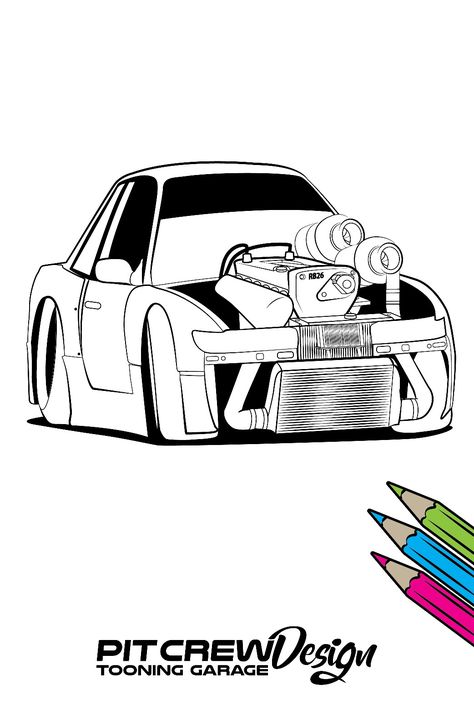 Cartoon Vector Illustration Colouring Page Nissan RB26 twin turbo s15 S15 Drawing, Sketch Photo, Enduro Motorcycle, Colouring Page, Living Room Background, Room Background, Car Sketch, Figure Drawing Reference, Car Drawings