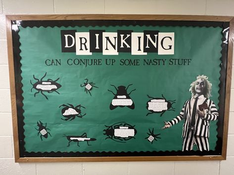 Resident Assistant (RA) Bulletin Board Beetlejuice Bulletin Board Ideas, Ra Bulletin Board Alcohol, Horror Bulletin Board, Ra Halloween Programs, Beetle Juice Bulletin Board, Halloween Ra Events, Ra Information Bulletin Board, Beetlejuice Bulletin Board, Halloween Door Decs Ra