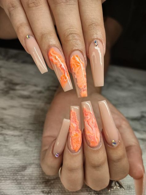 Orange Marble Nail Designs, Cute Orange Nails Acrylic, Ombré Orange Nails, Orange Marble Nails Acrylic, Orange Gel Nail Designs, Orange Marble Nails, Marble Nails Acrylic, Nails Black French Tip, Nails Lace