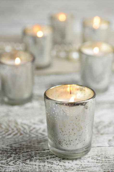 12 Pre-filled Candles in  Mercury Glass Votive Holders, $19  http://www.save-on-crafts.com/candle-votive-in-merc-gls-cup-silver.html Silver Votive Candles, Mercury Candle Holders, Expensive Wedding Gifts, Candles Collection, Cheap Candle Holders, Mercury Glass Candle Holders, Mercury Glass Candles, Cheap Candles, Safe Candles