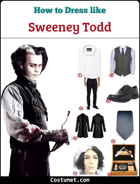 Sweeny Todd Outfit, Sweeney Todd Halloween Decorations, Sweeny Todd Couples Costume, Sweeney Todd Cosplay, Cosplay Characters Men, Sweeney Todd Halloween, Sweeney Todd Aesthetic, Sweeney Todd Costume, Tim Burton Costumes