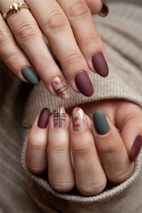 Embrace the warmth of autumn with these charming short nail ideas that capture the essence of Fall! Imagine deep burgundy hues paired with delicate gold accents, or a rich forest green showcasing subtle leaf patterns. These designs are not only trendy but perfect for those who love a minimalist look. Elevate your style with festive colors that reflect the beauty of the season. Perfect for any occasion! Brown And Green Fall Nails, Fall Mismatched Nails, Burgundy And Green Nails, Green And Red Nail Designs, Fall Nail Inspo Short Square, Cute Birthday Nails Short, Rustic Nail Designs, Camping Nails Designs, Fall Bridesmaid Nails