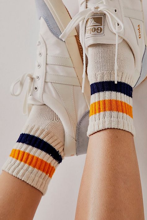 Simply sporty with true vintage flair, these American-made cotton quarter crew socks are the ultimate essential. **Fit:** Quarter crew length **Features:** Soft cotton blend, ribbed texture, seamed toe and heel, striped details **Why We | Retro Shortie Crew Socks by American Trench at Free People in Blue Aesthetic Socks, Socks Aesthetic, Tennis Socks, Vintage Socks, Sock Outfits, Ankle Socks Women, Elegant Shoes, Striped Socks, Ribbed Texture