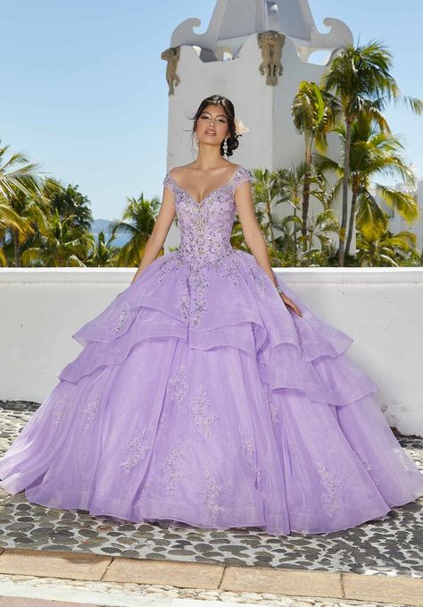 Organza Quinceañera Dress with Rhinestone and Crystal Beaded Embroidery Purple Quinceanera Dresses, Horsehair Hem, Ballgown Skirt, Quince Dress, Princess Sleeves, Bodice Top, Embroidered Bodice, Body Measurement, Quinceanera Dress