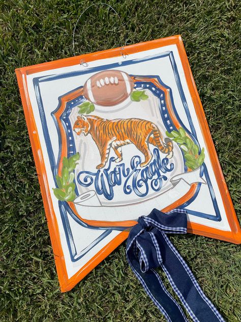 Tiger Crest Door Hanger Rectangle Door Hanger, Chinoiserie Door Hanger, Canvas Door Hanger, Football Door Hangers, Banner Shapes, Deer Ornament, Painted Bags, Wooden Door Hangers, Embroidery Shop