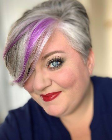 Short Silver Hair With Purple Highlights, Grey Hair With Peekaboo Color, Silver Hair With Purple Highlights, Gray And Purple Hair, Gray Hair With Purple Highlights, Silver Pixie Hair, Grey Hair With Purple Highlights, Short Grey Bob, Purple Lowlights