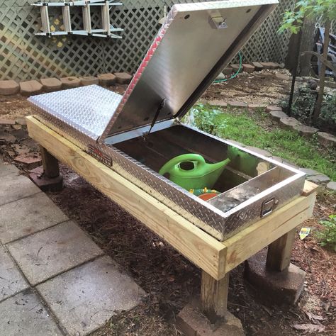 This is what you do with a truck toolbox your husband no longer wants on his truck - you make a garden bench with storage! Pina Colada Recipe Non Alcoholic, Easy Pina Colada Recipe, Ax Throwing, Truck Bed Tool Boxes, Picnic Shelter, Woodshop Ideas, Tailgate Bench, Upcycled Items, Outdoor Bench Seating