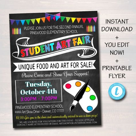 TidyLadyPrintables - Etsy Art Fundraiser, School Fair, Printable School, Fundraiser Flyer, Festival Flyer, Invitation Text, School Event, Fundraising Events, School Art