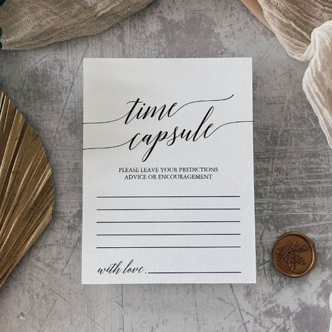 Elegant Black Calligraphy Time Capsule Cards Wedding Time Capsule, Simple Wedding Reception, Wedding Reception Activities, Whimsical Typography, Black Calligraphy, Wedding Advice Cards, Minimalist Card, Elegant Wedding Reception, Minimalist Cards