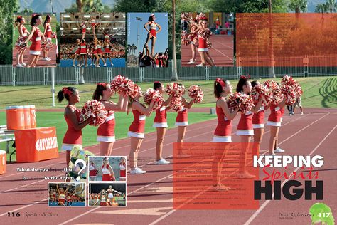 Palm Desert High School, Palm Desert, California/Cheerleading spread Yearbook Spread Ideas, Layout Design Book, Yearbook Sports Spreads, Yearbook Design Layout, Old Yearbooks, Yearbook Template, Yearbook Class, Yearbook Staff, Palm Desert California