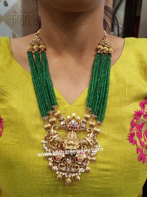 Lakshmi Pendant Emerald Beeds Necklace Ruby Beaded Jewelry, Gold Pendant With Beads, Emralds Beeds, Beads Haram Gold, Green Emerald Necklace Indian, Rubies Jewelry Necklaces Beads, Emerald Beads Jewelry Indian, Emerald Beads Jewellery, Lakshmi Pendant Gold