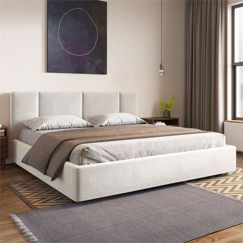 Omax Decor Venice Upholstered Platform King Bed in Cream Beige Boucle Fabric - Walmart.com Apartment Vibes, Adjustable Bed Base, Box Spring Bed, Padded Headboard, King Bed Frame, Wall Designs, Headboard Designs, Tufted Headboard, Boucle Fabric