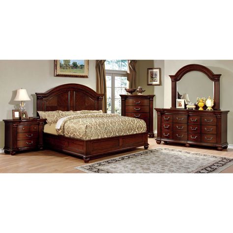 Furniture of America Cogdell Panel Bed Set - IDF-7736EK-2PC Tuscany Bedroom, Cherry Bedroom Set, Cherry Bedroom, 5 Piece Bedroom Set, Wood Bedroom Sets, Platform Bedroom Sets, Eastern King Bed, Gorgeous Bedrooms, Wooden Headboard