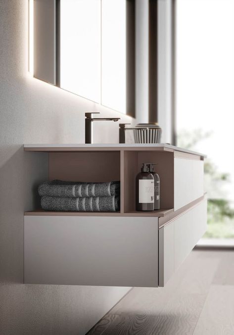 My Time is a versatile collection of modern bathroom furniture consisting of highly modular pieces that easily adapt to any requirement. It is made for those who like contrasting volumes, colours, material and textured finishes. In the My Time collection wood-effect finishes are combined with colours, yielding furnishing solutions that are exquisitely stylish and informal. With a wealth of customization options this collection will definitely adapt to any style preference. Modern Bathroom Furniture, Modern Contemporary Bathrooms, Modular Bathrooms, Bathroom Furniture Modern, Classroom Wall Decor, Bathroom Decor Luxury, Washroom Design, Basin Design, Bath Sinks