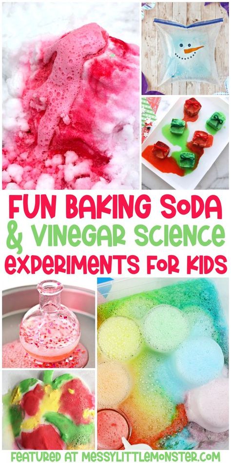 Baking Soda and Vinegar Experiments Fun Summer Experiments For Kids, Toddler Science Experiments At Home, Science Experiments For Kids At Home, Vinegar And Baking Soda Experiment, Baking Soda And Vinegar Experiment Kids, Pre K Science Experiments, Simple Science Experiments For Preschool, Spring Experiments, Vinegar Experiments