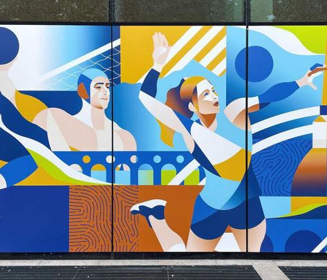 School Wall Art Ideas, Supermarket Design Interior, Outdoor Installation, Supermarket Design, School Wall Art, Sports Wall Art, Sport Illustration, Artistic Installation, Murals Street Art