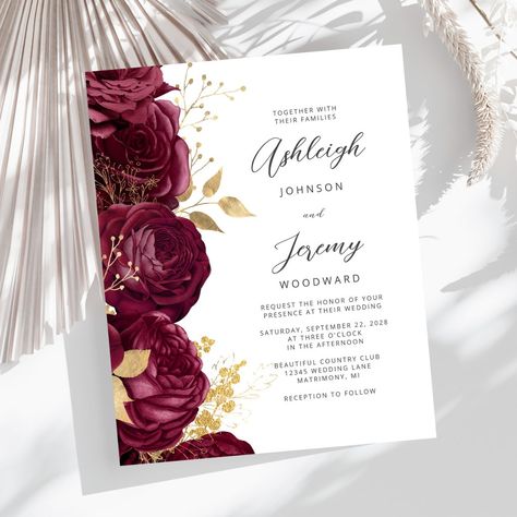 The left-hand edge of this elegant wedding invitation features a burgundy floral border trimmed with gold faux foil and glitter leaves. The customizable text combines charcoal gray vintage-inspired script and sans serif fonts on a white background. The reverse side features a matching floral design. Elegant Wedding Invitations Templates, Vintage Calligraphy, Burgundy Invitations, Script Wedding Invitations, Digital Invitations Wedding, Glitter Leaves, Wedding Moodboard, Burgundy Wedding Invitations, Elegant Wedding Invitation