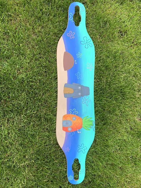 Hand painted longboard spongebob themed bikini bottom Custom Longboard Art, Long Board Designs Paint, Longboard Painting Ideas, Painted Longboard, Painted Skateboard, Cruiser Boards, Longboard Design, Long Board, Skateboard Design