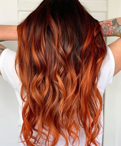 Natural Red Balayage Hair Auburn, Brown And Orange Balayage, Sunflower Balayage Hair, Brunette And Ginger Hair, Brunette To Ginger Balayage, Copper Orange Balayage, Brown To Orange Balayage, Brunette And Copper Balayage, Black To Copper Balayage