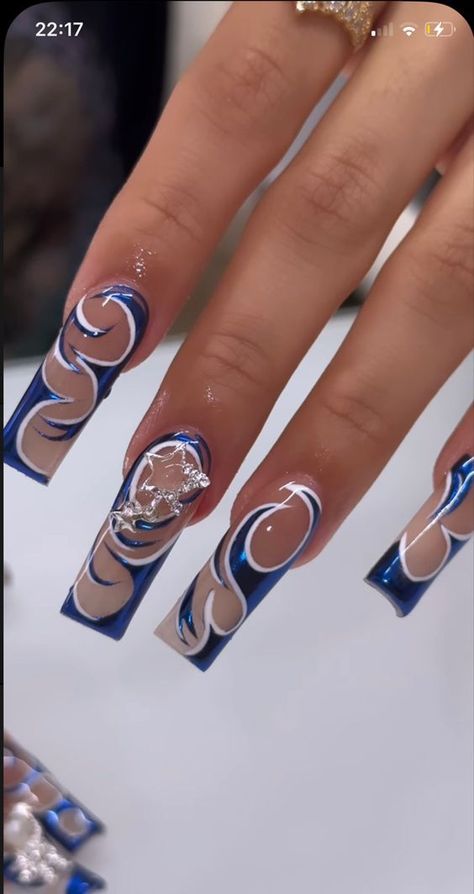 #follow #nails #nailsofinstagram #nailart #beautyblog #blogging #blogger #blog Square Chrome Nails Designs, Long Baddie Nails, Blue And Silver Nails, Acrylic Gel Nails, Electric Nail Drill, Electric Nail File, Diy Acrylic Nails, Blue Acrylic Nails, Drip Nails