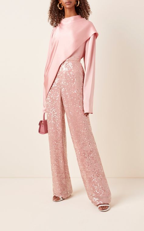 Sequined Crepe Straight-Leg Pants by SALLY LAPOINTE Now Available on Moda Operandi Luxury Pink Tops With Traditional Drape, Elegant Draped Sequin Sets, Drape Top, Designer Draped Sequin Sets, Designer Pink Draped Set, Satin Tops, Embellished Draped Semi-stitched Blouse Piece, Cowl Top, Crepe Top