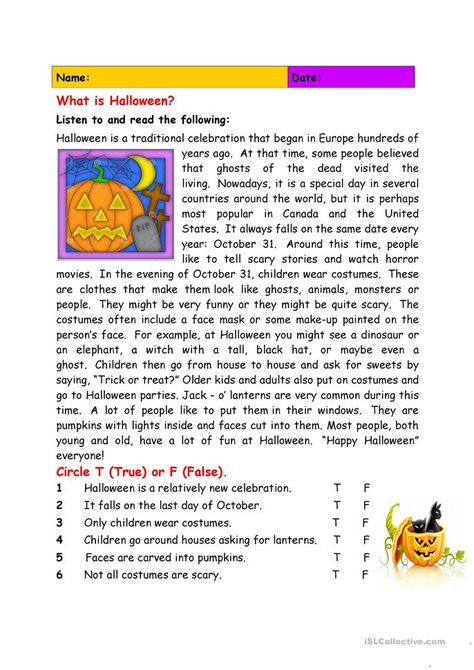 What Is Halloween About, Worksheets High School, Halloween Reading Comprehension, Halloween Worksheet, Halloween Reading, Reading Comprehension Lessons, What Is Halloween, Halloween Worksheets, About Halloween