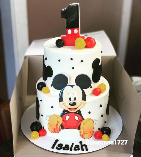 Mickey Mouse Cake 2 Tier, Mickey Mouse Cakes 1st Birthday, First Birthday Cake Mickey Mouse, Mickey Mouse One Year Birthday Cake, Buttercream Mickey Mouse Cake, First Birthday Mickey Mouse Cake, Mickymaus Birthday Cake, Mickey Theme Cake, Mickey Mouse Cake Ideas 1st Birthday