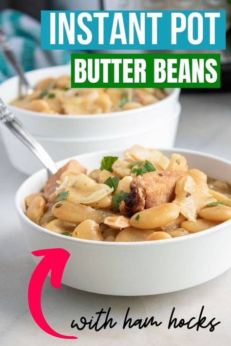 Instant Pot Butter beans with ham hocks is a super easy and comforting dish to serve up. No soak butter beans give you a super easy meal that tastes like it is a slow-simmered all day. #InstantPot #instapot #beans #butterbeans #limabeans #easy #quick #nosoak #ham #hamhocks Instant Pot Butter Beans, Beans With Ham, Butter Bean Soup, Instapot Recipes Chicken, Recipes Instapot, Butter Beans Recipe, Beans And Cornbread, Ham Hocks, Recipes Beef