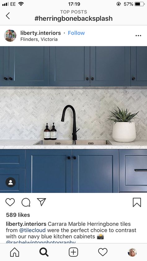 Backsplash With Navy Cabinets, Double Herringbone Tile, Herringbone Marble Backsplash, Backsplash Blue, Marble Herringbone Tile, Navy Blue Kitchen Cabinets, Double Herringbone, Navy Cabinets, Marble Herringbone