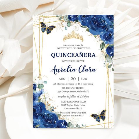 Quinceañera Royal Blue Floral Butterflies Birthday Invitation Quinceañera Royal Blue, Invitations Quinceanera, Quinceañera Invitation, Lollipop Party, Butterfly Invitations, Girl Birthday Party Invitations, Invitation Elegant, Sweet 16 Invitations, Butterfly Birthday