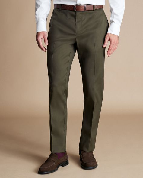 Smart Stretch Texture Pants - Olive Green | Charles Tyrwhitt Charles Tyrwhitt Shirt, Charles Tyrwhitt, Under Dress, Tailored Pants, New Details, Green Man, Mens Pants, Olive Green, Trousers