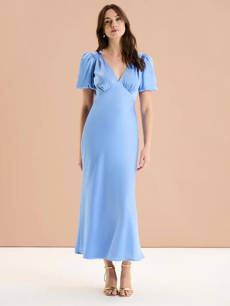 Dresses | OMNES | Sustainable & Affordable Clothing | Shop Women's Fashion Light Blue Dress With Sleeves, Blue Midi Dress With Sleeves, Light Blue Satin Dress, Lily Wedding, Date Night Dress, Graduation Dresses, Frill Dress, Puff Sleeve Dress, Bridesmaid Wedding