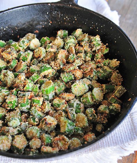 Fried Okra Recipe from addapinch.com Okra Cooked In The Oven, Oven Fried Okra Recipe, Baked Fried Okra, Southern Potluck, Shortcut Recipes, Oven Fried Okra, Fried Okra Recipe, Southern Fried Okra, Baked Okra