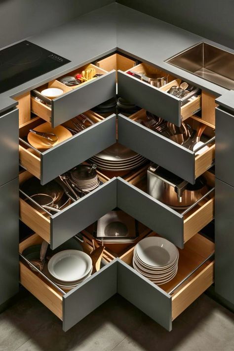 25 Clever Kitchen Storage [For Every Kitchen] – craftydiyers.com Kitchen Storage Ideas Cabinet, Breakfast Nook With Storage, Clever Kitchen Ideas, Kitchen Gadgets Organization, Corner Drawers, Clever Kitchen Storage, Appliance Garage, Organize Everything, Kitchen Cupboard Designs