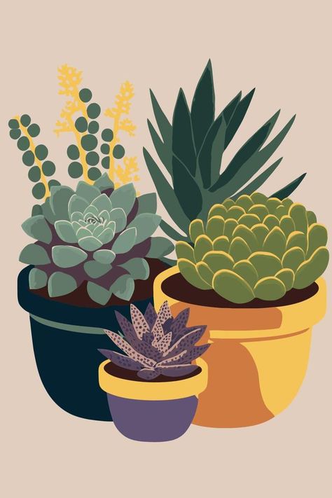 potted plants succulents flat color vector style background poster art print Western Wallpapers, Succulents Illustration, Study Environment, Shop Drawing, Plants Succulents, Style Background, Poster Art Print, Cityscape Photos, Plant Illustration