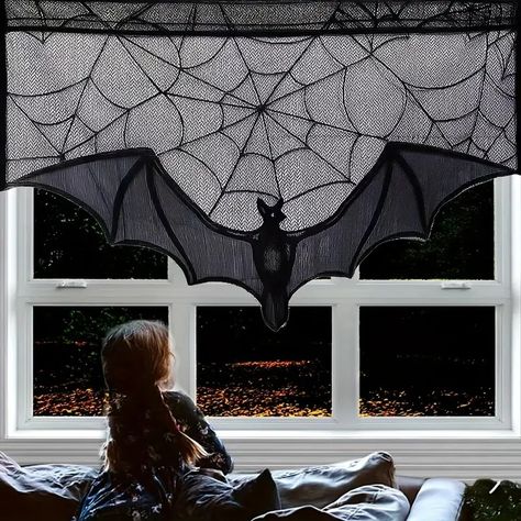 Halloween Lace Curtain Black Bat Spider Tablecloth Fireplace - Temu Halloween Fireplace Mantle, Halloween Curtains, Halloween Fireplace, Fireplace Frame, Fireplace Cover, Gothic Lace, Lace Curtain, Scary Halloween Party, Black Curtains