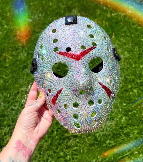 Crystalized Jason Hockey Mask🩸 Fully embellished Friday the 13th Jason Mask Friday The 13th Costumes, Bejeweled Ghostface Mask, Ghostface Bedazzled Mask, Bedazzled Scream Mask, Jason Costume, Jason Costume Women, Jason Voorhees Costume Female, Rhinestone Jason Mask, Bedazzled Jason Mask